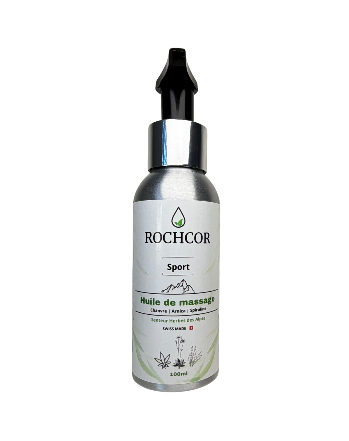 Flacon huile de massage ROCHCOR Sport aluminium 100ml Swiss Made